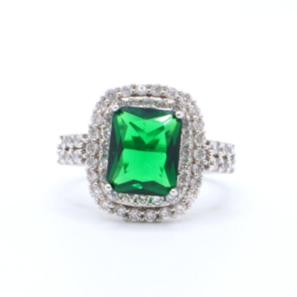 925 Sterling Silver Cubic Zirconia Emerald Double Halo Cocktail Ring, Size 7.75